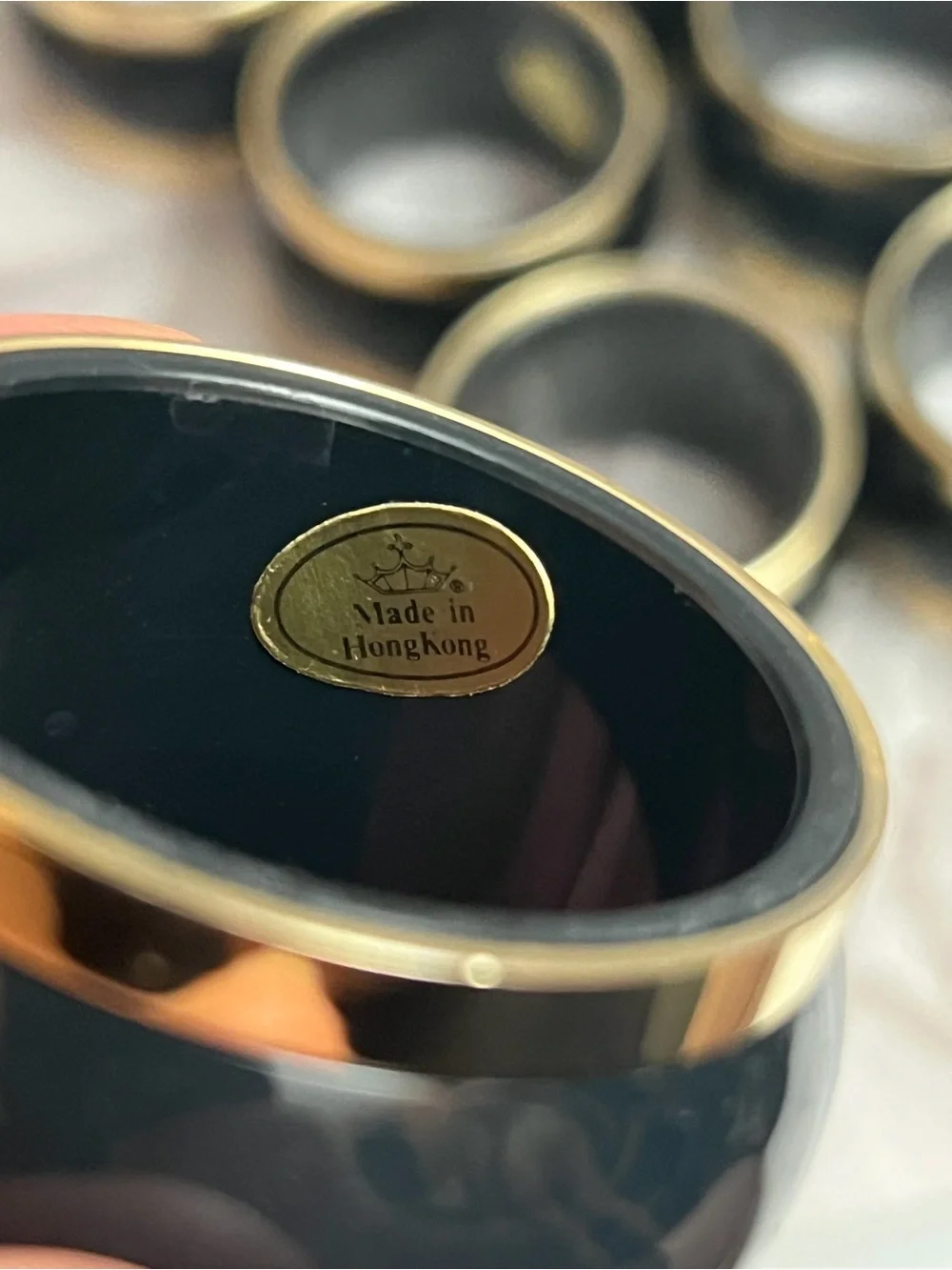 Vintage Black & Gold Napkin Rings Set of 7 Made in Hong Kong